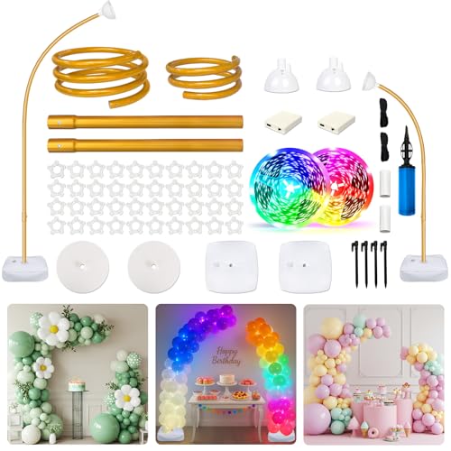 OurWarm Balloon Arch Kit with Led Lights, 9.35FT & 6FT Free Bending Half Balloon Arch Stand with Base, Gold Backdrop Stand for Wedding Birthday Party Baby Shower Yard Lawn Graduation Decorations