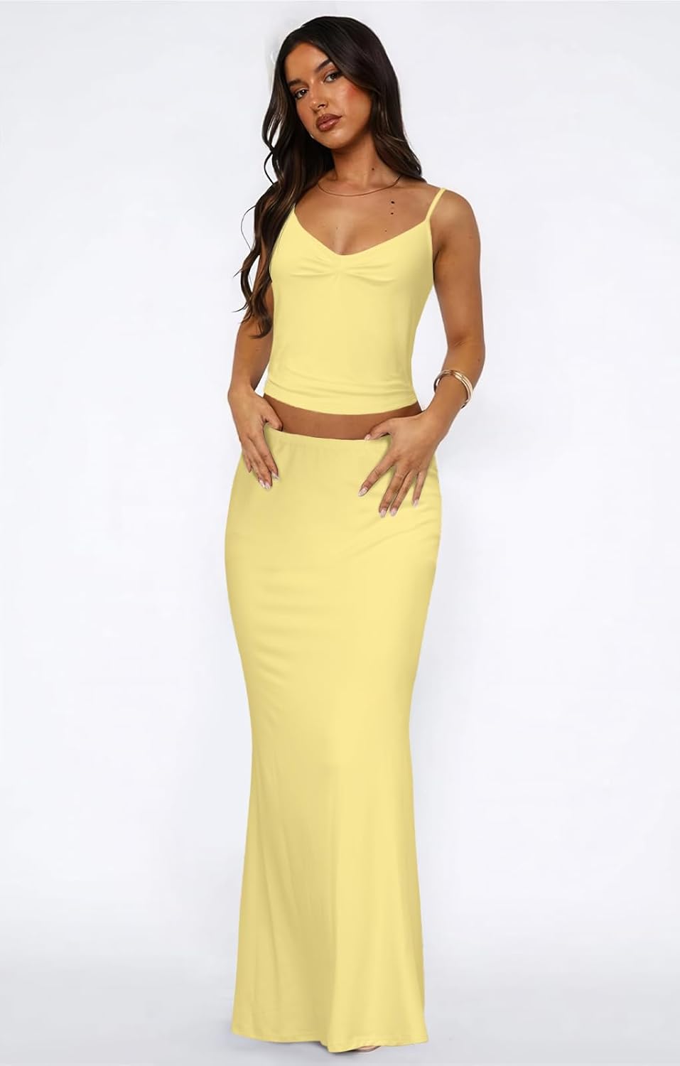 Two Piece Skirt Set for Women - Sexy Sleeveless Spaghetti Strap Pleated Tank Top Maxi Long Skirts Sets - Image 2