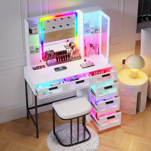 HNEBC Vanity Desk with Sliding Mirror and LED Lights, RGB Vanitys with Charging Station, Makeup Vanitys with Remote Control, White Dresser with Stool/Lager Drawers for Bedroom (Grey) 5080-gr
