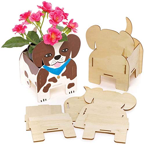 Baker Ross FE375 Kits d'artisanat de pot de fleurs de chien en bois - Lot de 3, faites votre propre pot de fleur, pots de plantation pour les enfants à décorer, activités créatives pour les enfants