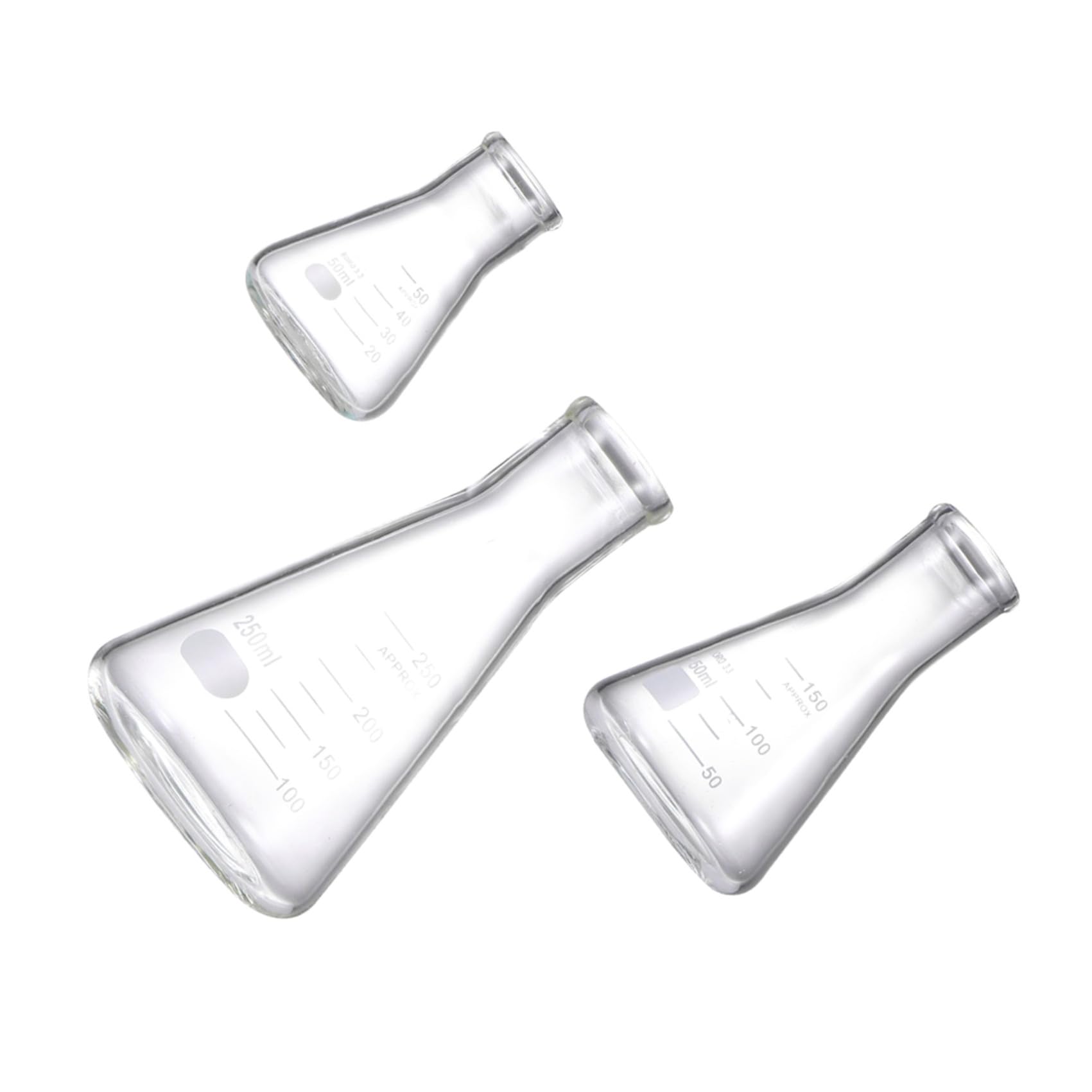 VILLCASE Frasco de Vidrio Científico de 3 Piezas Matraz Erlenmeyer de Boca Estrecha para Accesorios de Experimento de Escuela de Laboratorio de Estudiantes (50 Ml 150 Ml 250 Ml)