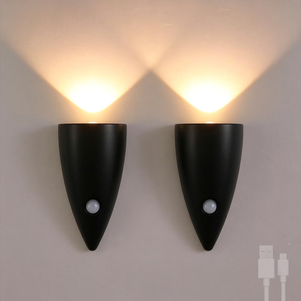 Lot de 2 appliques murales à batterie pour lintérieur avec détecteur de mouvement sans perçage sans raccordement électrique veilleuse à 3 couleurs intensité réglable lampe de chambre à coucher,Noir