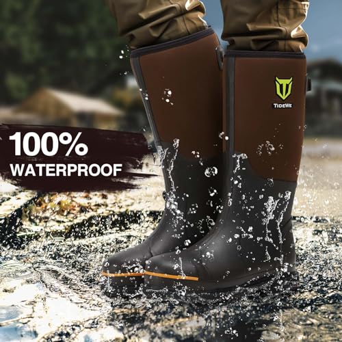 TIDEWE Rubber Work Boot for Men with Steel Toe & Shank, Waterproof Anti Slip Hunting Boot, 6mm Neoprene Hunting Boot for Manufacturing, Construction, Farming, Black,Brown, Size 7-132