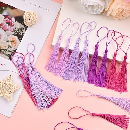 Image of NACHLYNN 120 Pcs Bookmark Tassels Bulk 13cm /5 Inch Silky Handmade Soft Craft Mini Tassels for Jewelry Keychain Making with Loops for Dress Decoration DIY Craft Accessory (Purple Series)