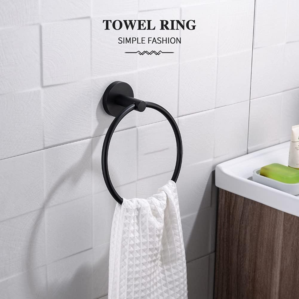 LSLYTQ Black Matte Stainless Steel Bathroom Hardware Towel Ring, Style Bathroom Towel Hanger, Round Hand Towel Holder Wall Mount