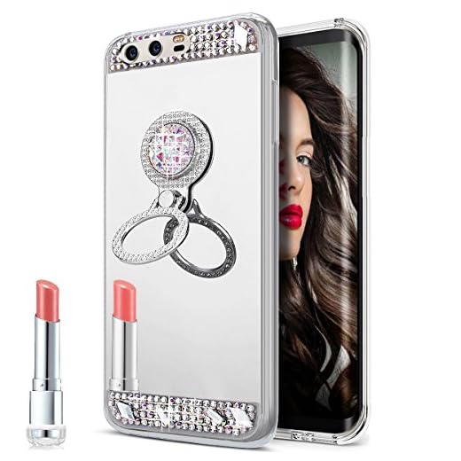 Huawei P10 fodral, Huawei P10 spegelfodral, ikasus smal lyxig hybrid strass diamant glitter bling spegel baksida stötdämpande TPU stötfångare skyddande fodral med ringstativhållare för Huawei P10, silver