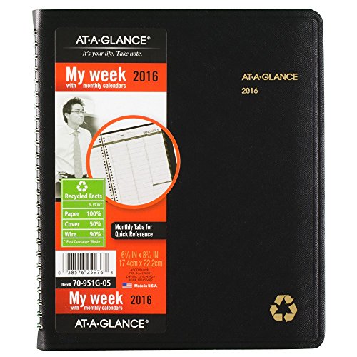 AT-A-GLANCE Weekly / Monthly Appointment Book / Planner 2016, 6.88 x 8 Inches, Recycled, Black (70-951G-05)