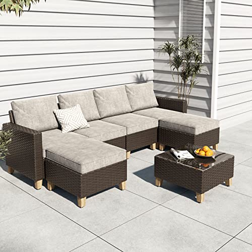 Grand Patio Sofa Sets Outdoor Furniture Sets, Pe Rattan Wicker Patio Furniture Sectional Sofa With Thick Cushions For Yard Garden Porch(Brown Sofa Set For Six, 7 Pcs) #TOP3
