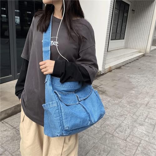 Image of Denim Shoulder Bag Canvas Messenger Bag for Women Men Tote Bag Casual Retro Aesthetic Crossbody Bag Handbag