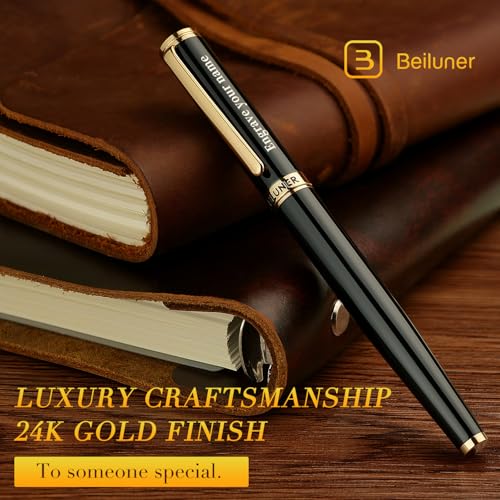 Image of BEILUNER Black Personalized Fountain Pen,Stunning Luxury Lacquer,24K Gilded Nib(Fine),Gorgeous 24K Gold Finish, Ink Converter,Fancy Office Gift for Men&Women-Elegant, Graduation,Nice Pens for Writing