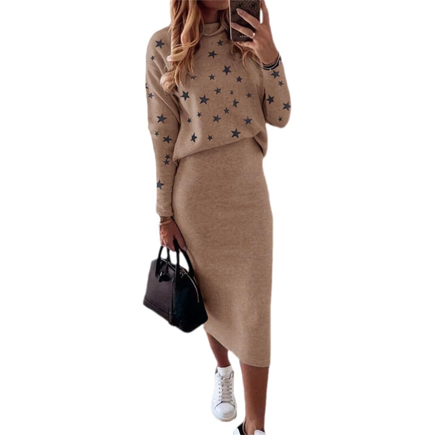 Robe Pull Femme Costume Deux Pièces Robe Tricotée Haut à Col Rond et Jupe Midi Tricotée Ensemble 2 Pièces élégant Robe d'hiver Moulante Jupe Longue Costume de Loisirs