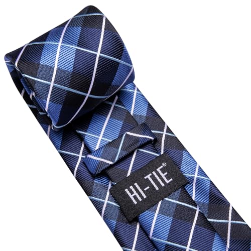 Image of Hi-Tie Mens Plaid Ties Classic Paisley Necktie with Handkerchief Cufflinks Set Business Stripe Tie