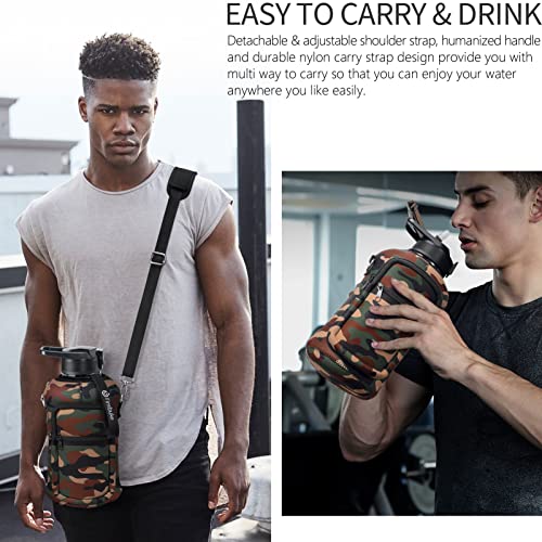 Fimibuke Half Gallon Water Bottle With Sleeve 64 Oz Water Bottle With Handle & Straw Leakproof Motivational Sport Gym Water Bottle With Time Marker Bpa Free Water Jug With Neoprene Holder - Green Camo #TOP5