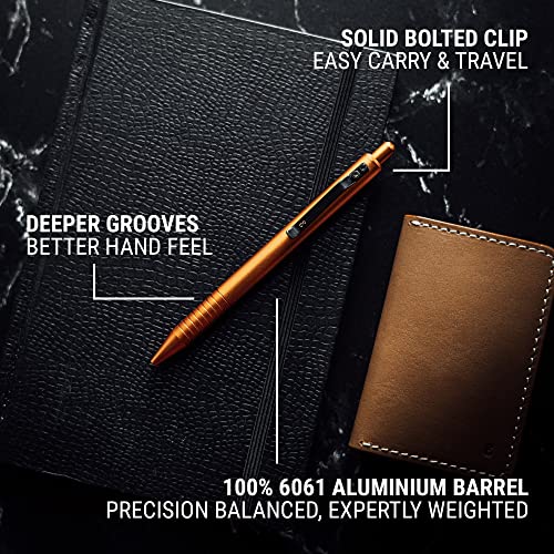 Everyman Taipan Orange Grafton Pen & Ink Bundle - Luxury Metal Writing Edc Pen With Extra 3-Pack Of Black Metal .7Mm Refills #TOP1