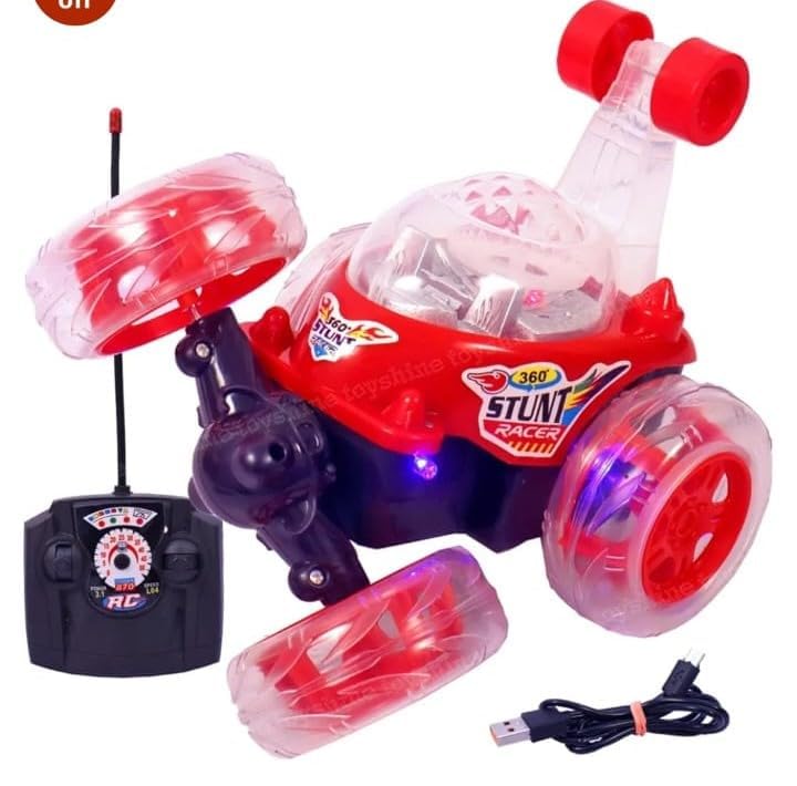 Image of Pink 360 Rotating Stunt Car Toy for Kids - LED Light Up Off-Road RC Vehicle with Flip & Spin Action, Rechargeable Electric Remote Control Car for Girls, Boys, Toddlers (RC 360 (RED))