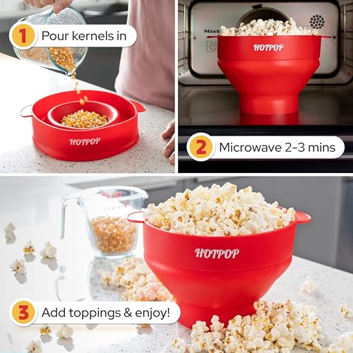 The Orginal HotPop Silicone Popcorn Maker - Microwave Popcorn Popper with Handles - Collapsible Bowl, Heat-Resistant, Easy to Clean, Ideal for Family Movie Nights, 15-Cup Capacity - Red