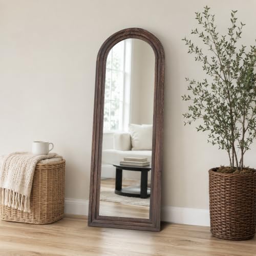 Image of 58x22 Arched Full Length Mirror, Solid Wood 3 Layer Frame, Brown