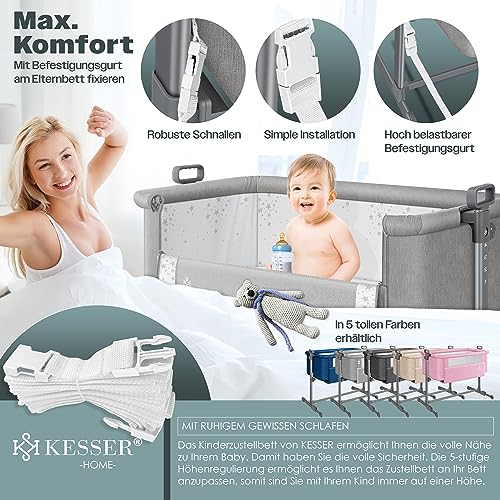 KESSER® Zustellbett Hubi 3in1 Baby Beistellbett Reisebett Babybett mit weich Matratze mit Rollen Kinderbett 5-Fach Höhenverstellung Faltbare Seitenwand für Zuhause und Unterwegs + Spanngurt Hellgrau