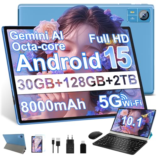 SUAAT 2026 Android 15 Tablet 10,1 Pollici, Gemini AI, Widevine L1, Octa Core, 8000mAh, 30 GB RAM + 128 GB ROM + 2 TB, 8 MP + 5 MP, Bluetooth 5.0, Tablet PC Include Mouse, Tastiera e Custodia