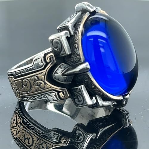 Men Blue Stone Ring, Oval Sapphire Stone Ring, Turkish Handmade Ring, Ottoman Engraved Style Ring, 925k Sterling Silver Ring - Thumbnail 2