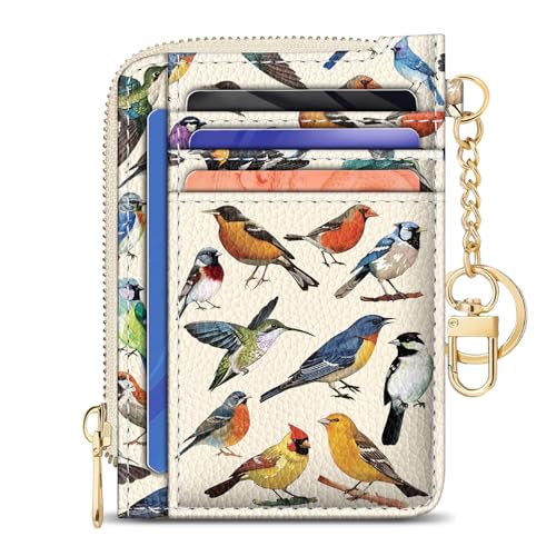 Image of GIANCOMICS Slim Wallet Credit Card Holder Women, Bird Rfid Blocking Small Card Case, Keychain Thin Pocket Curved Zipper Wallet, Travel Card Holder PU Leather ID Window, Ladies Female Gifts