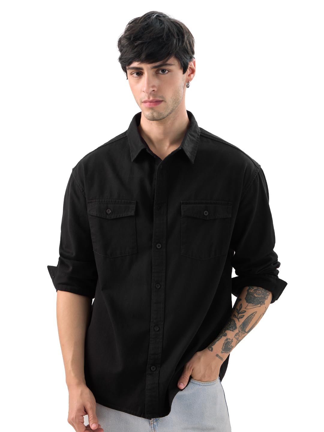 Solids: Mystic Black Men and Boys Long Sleeve Collared Neck Button Front Solid Regular Fit Cotton Utility Shirts-image-11