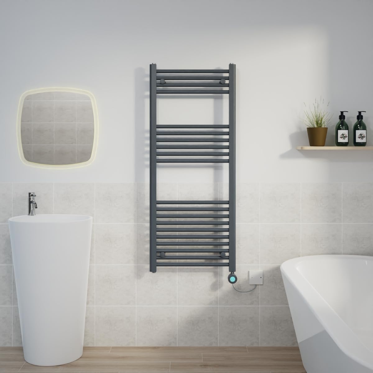 Warmehaus Anthracite 600W Electric Thermostatic Heated Towel Rail Bathroom Radiators Straight With Lcd Display Timer - 1200X500mm