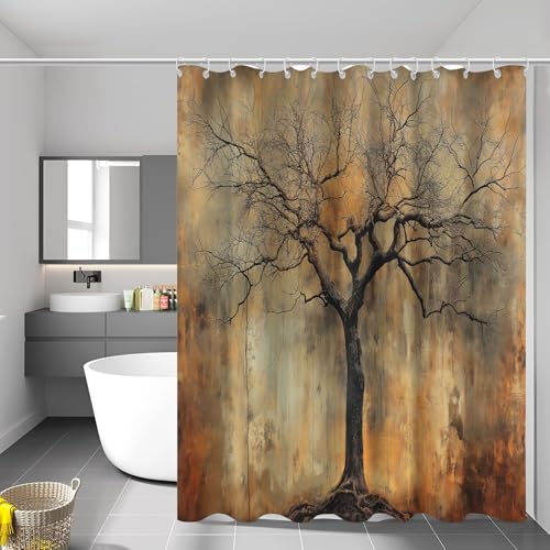 Rideau de douche en tissu polyester lavable style rétro de forêt automnale avec crochets