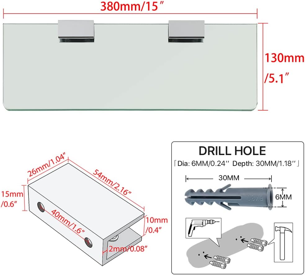 SAYAYO Floating Glass Shelves for Bathroom, 2/7 Inch Thicken Tempered Glass Shelf for Wall, 15 x 5 Inch 2 Pcs, Clear