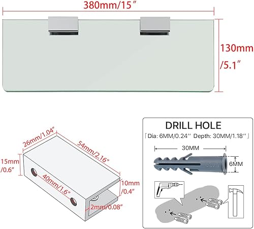 Miniatura 3 de SAYAYO Estantes de vidrio flotante para baño, estante de vidrio templado para pared de 15 x 5 pulgadas, 1 unidad, transparente