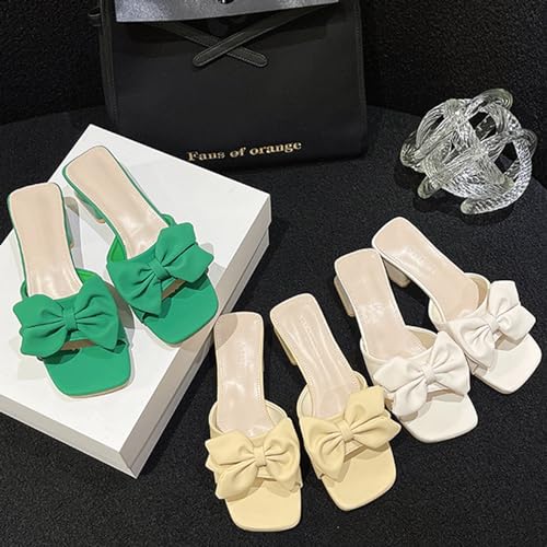 Zeberfi Women's Bow Tie Chunky Heel Sandals Fashion Cute Open Square Toe Slip On Low Block Heel Slide Sandals Summer Wedding Dress Shoes Pumps3