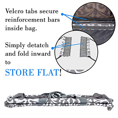 Lucazzi Extra Large Utility Tote Bag - Oversized Collapsible Reusable Wire Frame Rectangular Canvas Basket With Two Exterior Pockets For Beach, Pool, Laundry, Car Trunk, Storage - Damask Gray #TOP3