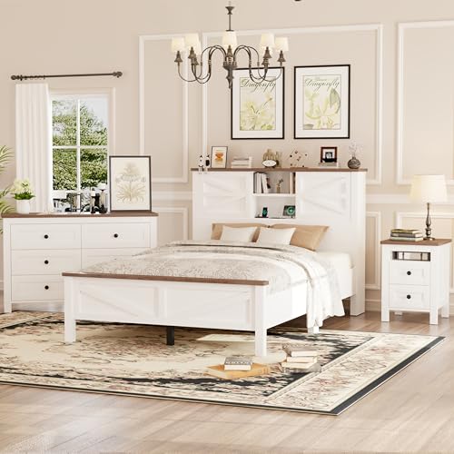 LUMISOL 3-Pieces Full Size Bedroom Furniture Set Farmhouse Bedroom Set, Full Size Platform Bed with Double Sliding Door Storage Headboard, Storage Nightstand and Dresser, White