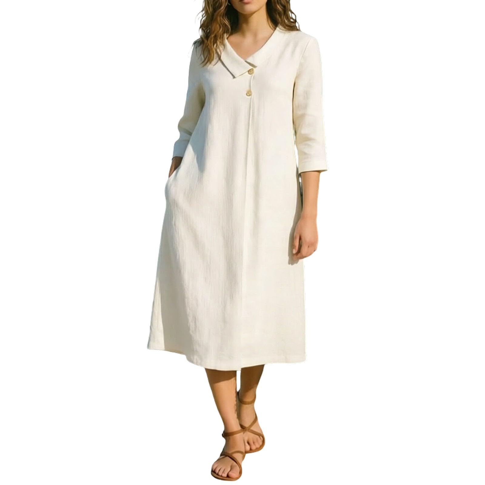 Elegante Vestido de Color Liso con Cuello francés para Verano, Talla Grande, Estilo Casual, de Corte Midi, con sofisticación Natural.