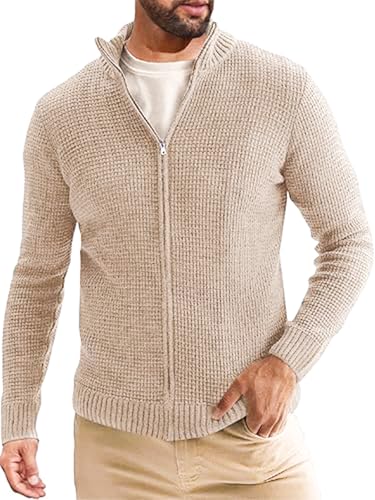 Image of TYSORT Men's Cotton Full Sleeve High Neck Full Zipper Sweater for Men, Cable Knitted Cardigan for Men