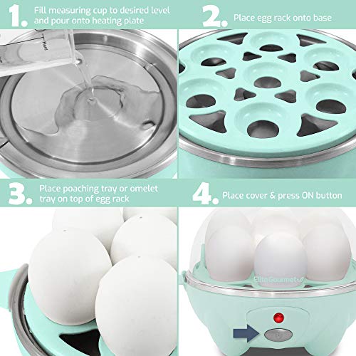 Elite Gourmet Egc007M Rapid Egg Cooker, 7 Easy-To-Peel, Hard, Medium, Soft Boiled Eggs, Poacher, Omelet Maker, Auto Shut-Off, Alarm, 16-Recipe Booklet, Mint #TOP3