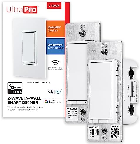 UltraPro 700 Series Z-Wave In-Wall Smart Rocker Light Dimmer with QuickFit & SimpleWire, 3-Way Ready, Works with Alexa, Google Assistant, Z-Wave Hub Required, Smart Home, Voice Control, 2 Pack, 59372