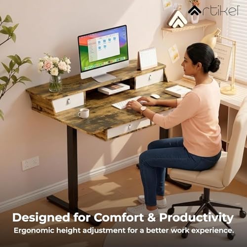Image of ARTIKEL Valor Electric Height Adjustable Standing Desk with Storage Drawers & Shelves| Sit-Stand Desk for Home Office |Ergonomic Workspace Table (Brown, Valor (120 * 69cm))