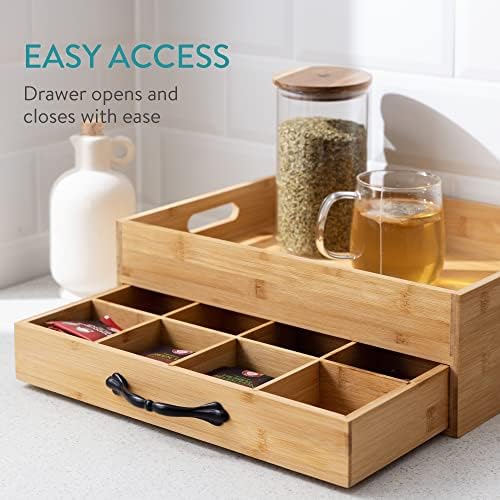 Navaris Bamboo Tea Box and Tray - Serving Tray with Storage for Tea Bags with Bag Organiser Drawer - 12 Compartment Tea Storage with Carry Tray