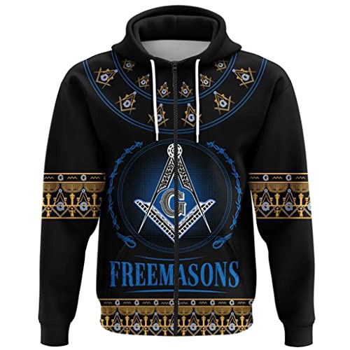 Feinny Men Freemasonry AG Hoodies, 3D Print Masonic Ethnic Wear Pullover, Sweatshirt Long Sleeve Jacket with Pocket,Zip,XXL