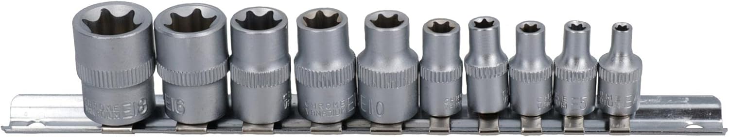 Female Torx Star E Sockets E4 - E18 + 1/4" Drive Ratchet + Step Up 1/4" – 3/8”