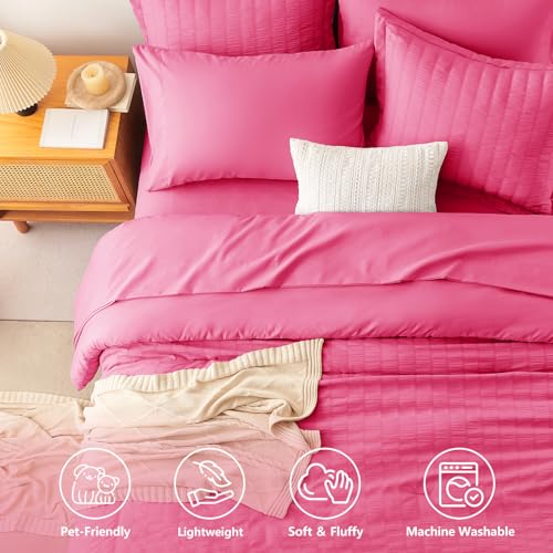Image of CozyLux Queen Comforter Set Hot Pink, 7 Pieces Seersucker Textured Luxury Bed in a Bag Queen, All-Season Soft Bedding Sets with Down Alternative Comforter, Sheets, Pillowcases & Shams, Bedroom Bed Set