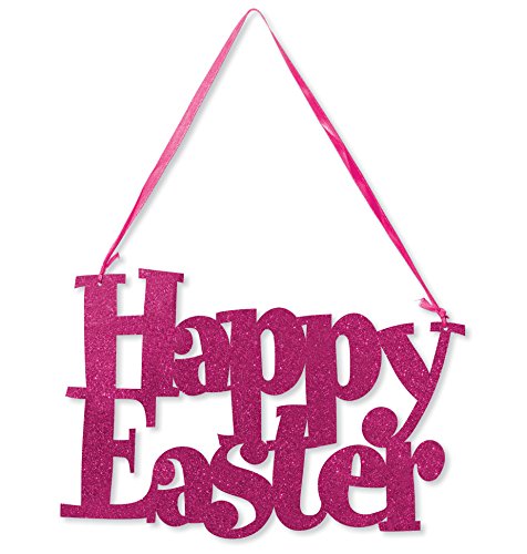 Creative Converting Happy Easter Die-Cut Glitter Sign with Ribbon Hanger, Pink