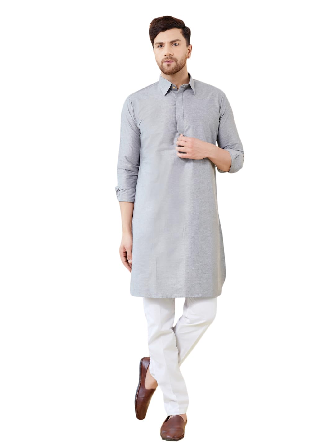 See Designs Men Grey Cotton Solid Spread Collar Curved Hem Side Slit Full Sleeve Pathani Kurta With Pyjama - Bnrskt62101Xl