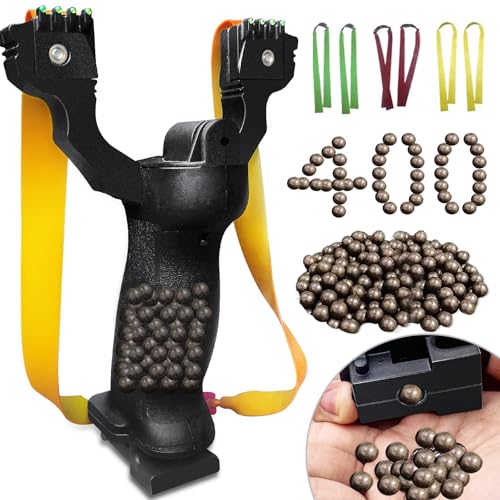 Steinschleuder Set für Outdoor Training – Ergonomischer Rutschfester Griff mit Magazinfach & Super-Grip-Oberfläche – 400 Tonkugeln, 6 Ersatzbänder – Sport-Schleuder für Training & Freizeit (Dark Grey)