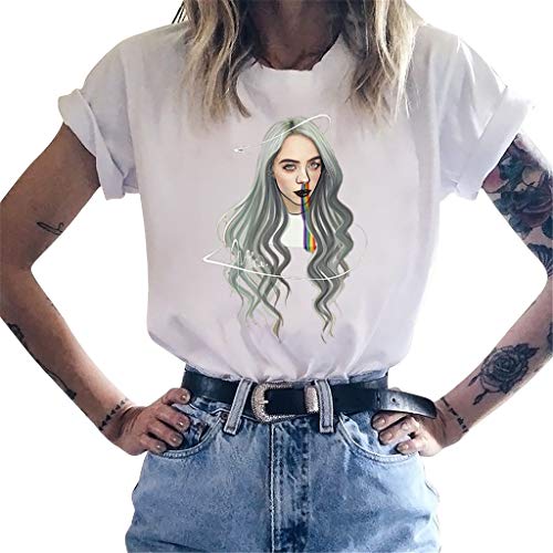 Camiseta Billie Eilish Mujer, Camiseta Billie Eilish Niña Impresión Manga Corta T-Shirt Camiseta Billie Eilish Impresión Camisa de Verano Regalo Camisetas y Tops (4,S)