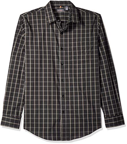 Van Heusen Men's Traveler Stretch Long Sleeve Button Down Black/Khaki/Grey Shirt, Plaid, Small