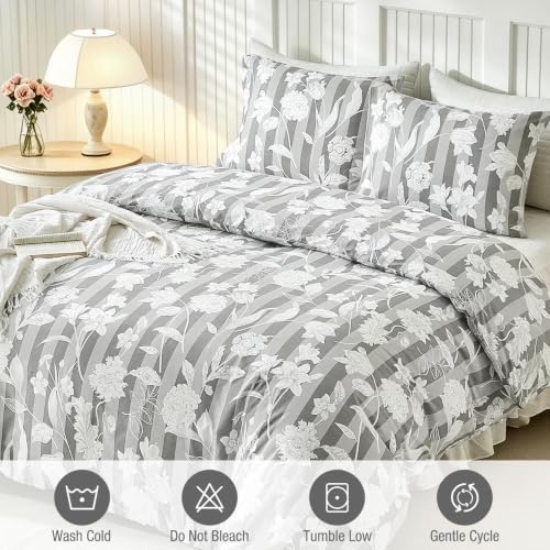Image of Lekesky Gray Floral Duvet Cover Queen Size, Stripes Comforter Cover Queen Size Floral Printed Duvet Set, 3 Pieces Soft Microfiber Bedding Set with Zipper & 8 Ties (Queen, 90 inchx90 inch)