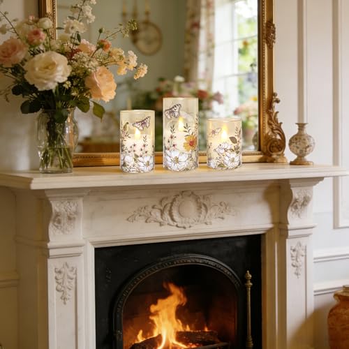 Image of MELTONE Flameless LED Candles Botanical Butterfly Design with Remote Control & Timer Function & Dimmable, Battery Operated Glass Candles for Home Party Wedding Christmas Spring Decor, Set of 3