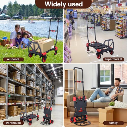 2-in-1 Folding Hand Truck Dolly 330LB Load Carrying,Hand Truck Foldable Dolly with Retractable Handle and 4 Rubber Wheels,Portable Folding Hand Cart for Luggage/Travel/Office